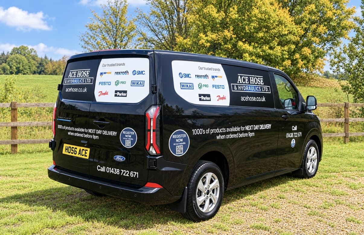 Black Ace Hose & Hydraulics van in a field, liveried with trusted brands and next day delivery details