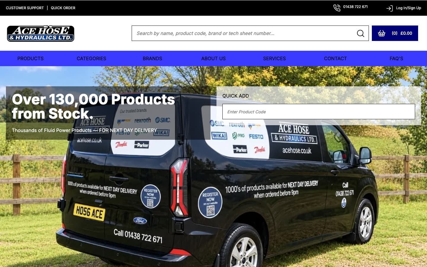 The Ace Hose & Hydraulics online store home page, with product search, quick add by product code and the Ace van